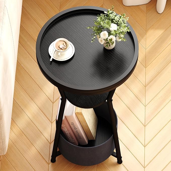 Yusong Round Side Table, Small Drink Table for Small Spaces, 3-Tier Industrial End Table, Accent Nightstand Bedside Table for Living Room, Bedroom, Sofa Couch, Black