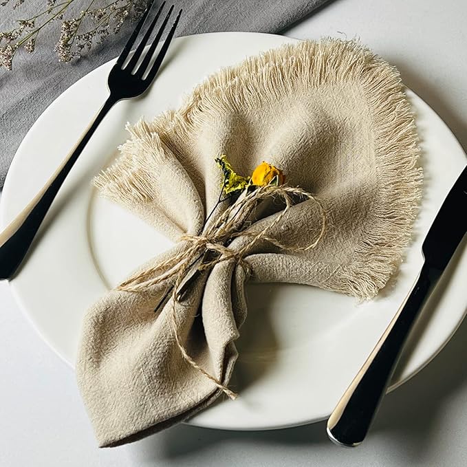 Handmade Cloth Napkins with Fringe,18 x 18 Inches Cotton Linen Napkins Set of 12 Versatile Handmade Square Rustic Fringe Napkins for Dinner, Wedding and Parties, Beige