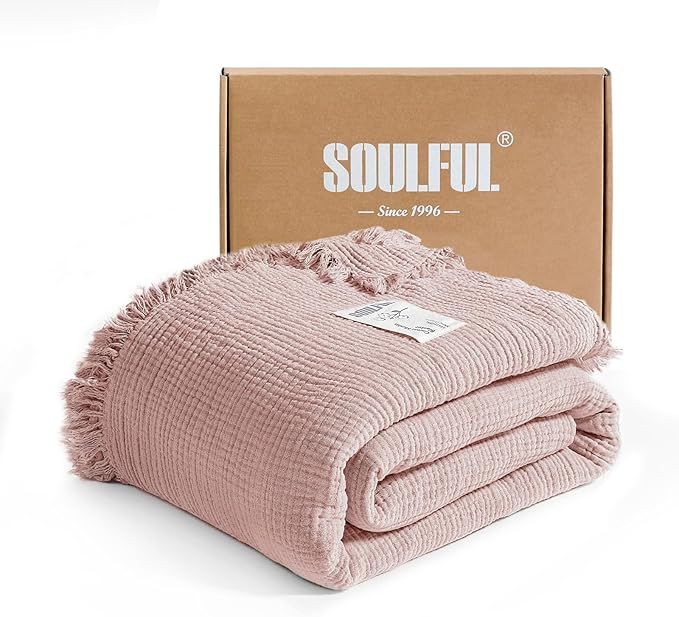 SOULFUL Muslin Throw Blanket with Tassels - Soft Queen Cotton Throw Blanket for Couch or Bed, Lightweight and Breathable Gauze for All Seasons, LightChampagne, 90" x 90"