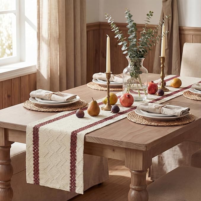 Artoid Mode Red Stripe Woven Table Runner, Seasonal Holiday Hollow Kitchen Dining Table Decoration for Home Party Decor 12x72 Inch