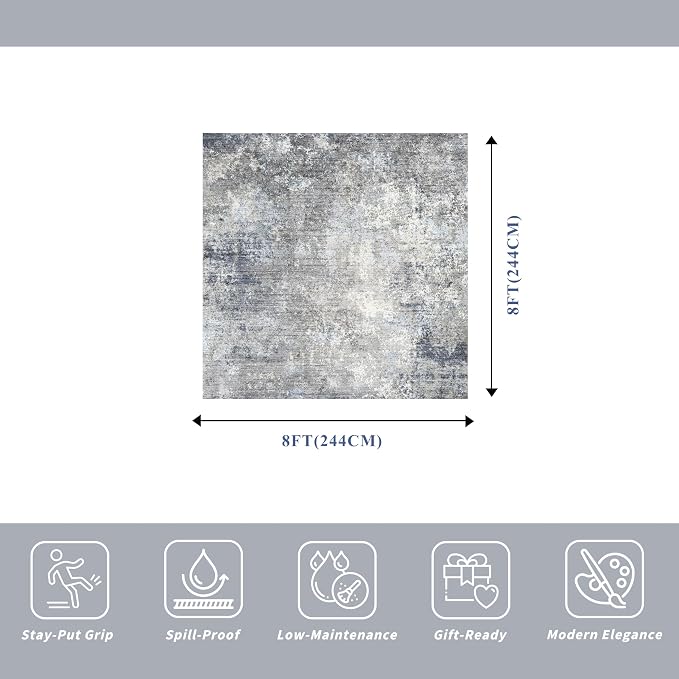 8x8 ft Square Living Room Rug - Washable Modern Neutral Abstract Area Rug for Bedroom, Dining Room, Kitchen Non-Slip Soft Low-Pile Indoor Floor Carpet (Blue Grey, 8x8)