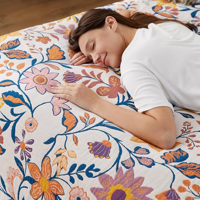 100% Cotton Boho Throw Blanket for Home Decor – Classic Farmhouse Quilt Bedding, Muslin Blankets for Adults, Vintage Woven Decorative Blanket for Couch, Bed Layering Use, Botanic Floral, 104"x90"