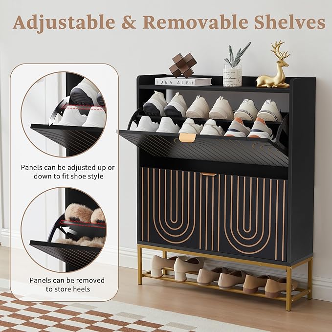 LEVNARY Narrow Shoe Storage Cabinet with 2 Flip Drawers, Wooden Freestanding Hidden Shoes Rack Organizer for Entryway, Mid-Century Modern Shoe Cabinet with Carving Lines for Hallway Foyer (1, Black)