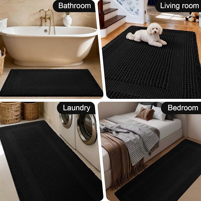 Extra Large Waffle Bath Mat, 6'x2' Black-Looped, Super Absorbent Non-Slip Quick Dry Bathroom Rugs with Tassels, Machine Washable Ultra Soft Boho Bath Rugs for Floor, Toilet Mats Boho Farmhouse Decor