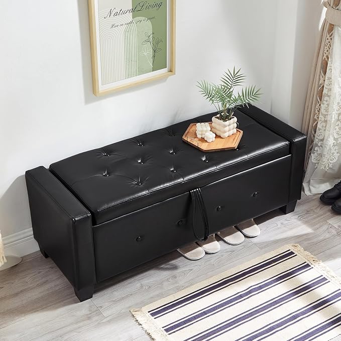 Furniliving 48" Ottoman with Storage, End of Bed Bench with Button-Tufted Large Upholstered Storage Ottoman Entryway Bench Storage Bench for Bedroom, Living Room, PU, Black