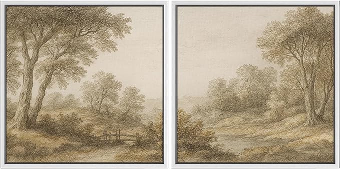 SIGNFORD Framed Canvas Print Wall Art Set Vintage Sepia Landscape Artwork, Classic Countryside Trees Illustrations Modern Art Minimal Relax/Calm for Living Room, Bedroom, Office - 16"x16"x2 WHITE