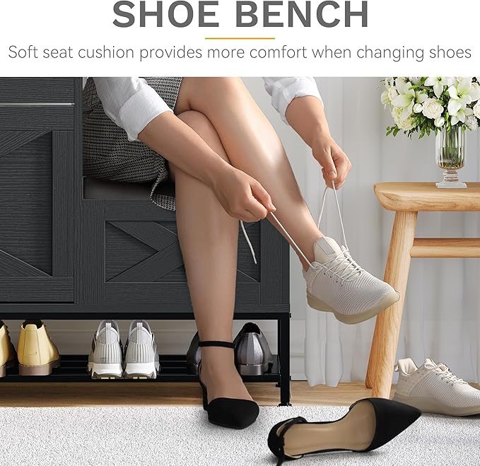DWVO Farmhouse Shoe Cabinet, Slim Shoe Storage Cabinet with Bench, Narrow Shoe Organizer for Entryway, Living Room, Hallway (Black)