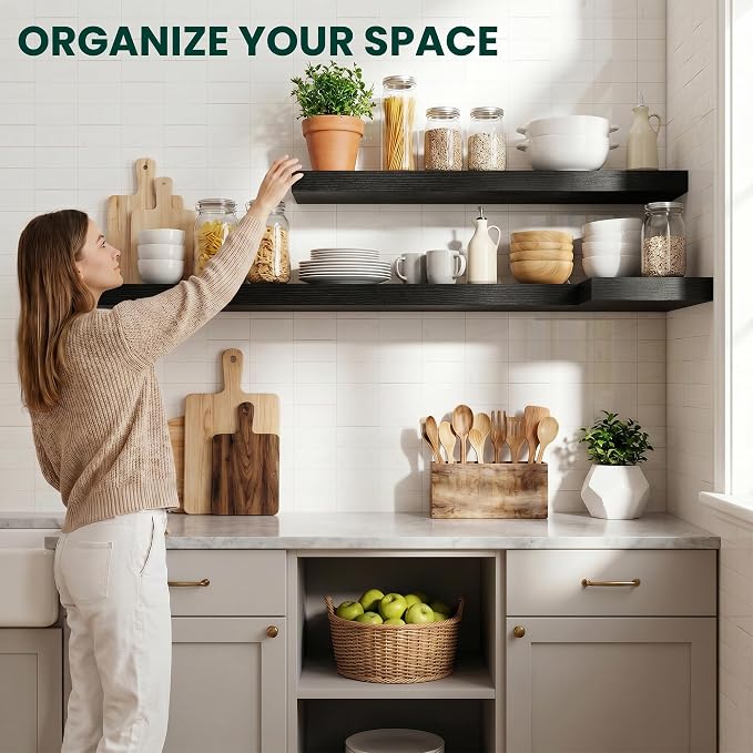 Floating Shelves for Wall 55 in x 9.3 in Deep, Wall Mounted Rustic Wood Shelf with Invisible Brackets for Storage & Display, Living Room Bedroom Bathroom, Black, 1 Pack