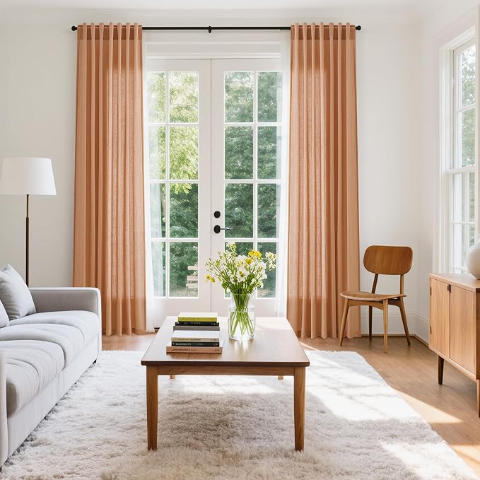 Nanspring Peach Quartz Linen Curtains 120 Inch Length 2 Panel Set Back Tab Loop Pocket Light Filtering Semi Sheer Boho Decor Curtains Extra Long for High Ceiling Living Room and Large Window 52x120