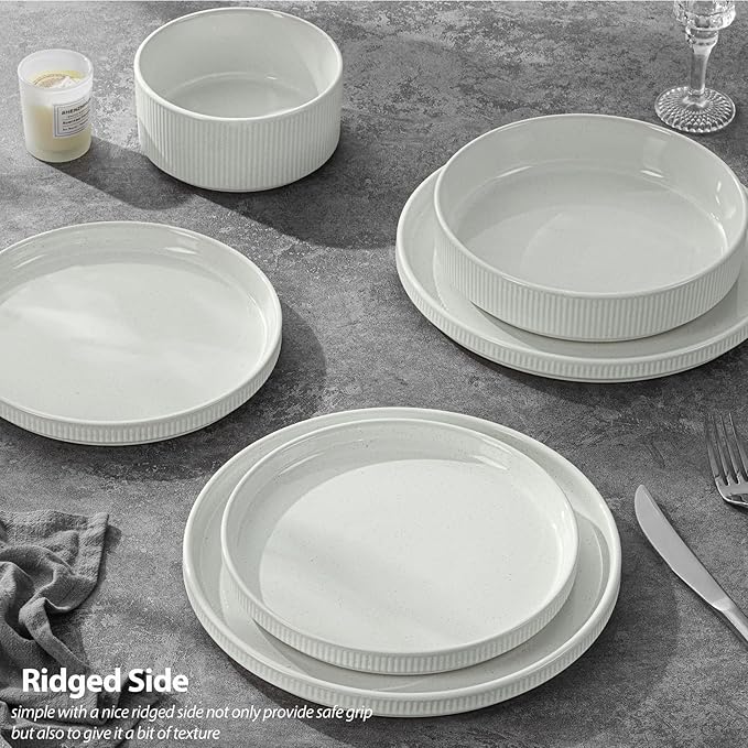 LIANYU Dinnerware Sets with Pasta Bowls for 4, 16 Piece Stoneware Plates and Bowls Set, Ribbed Dishes Dishware for Home Kitchen, Microwave and Dishwasher Safe, Speckled White