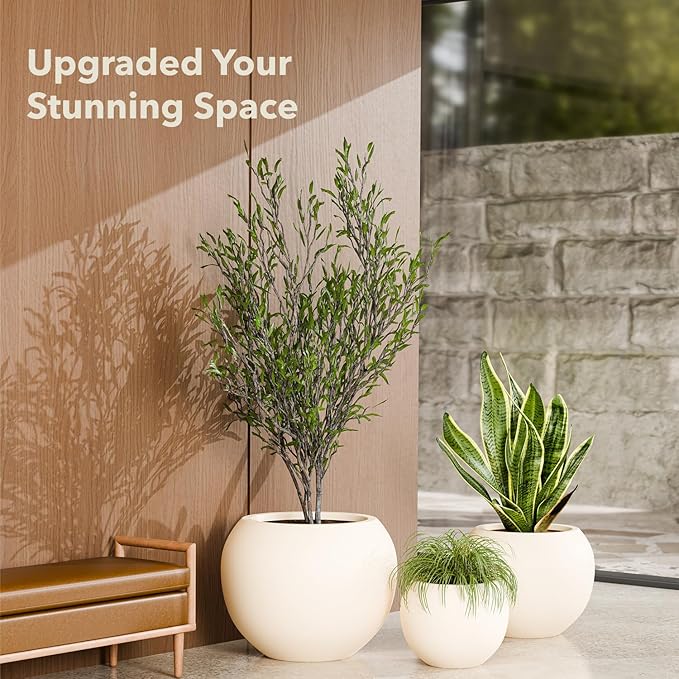 KUTE NEST 12.8" H x 16" D Premium Globo Fiberstone Round Planter with Drainage Hole, Weather Resistant for Indoor and Outdoor Use, Included 2 Extra Coco Mats (Kilim Beige, 10.7" Pot Opening)