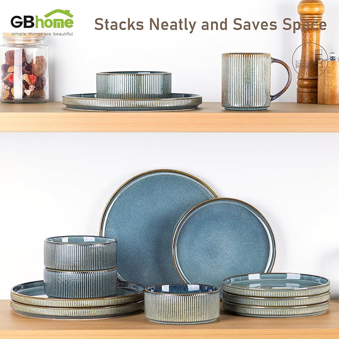GBHOME 12-Piece Stoneware Dinnerware Set for 4 – Ribbed Ceramic Plates and Bowls, Scratch-Resistant, Microwave & Dishwasher Safe, Reactive Glaze, Reactive Glaze Teal