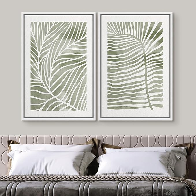 SIGNWIN Canvas Print Wall Art Set Green White Tropical Island Palm Leaves Nature Wilderness Illustrations Modern Art Rustic Multicolor for Living Room, Bedroom, Office - 24"x36"x2 White