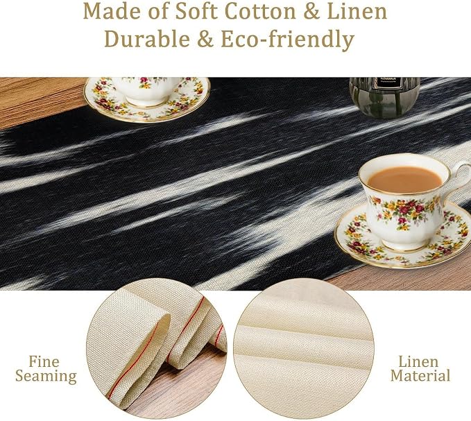 Cow Print Table Runner, Black Cowhide Print Western Style Table Runner Country Farmhouse Cottage Cow Patten Table Decoration for Home Kitchen Dining 13x60 Inch