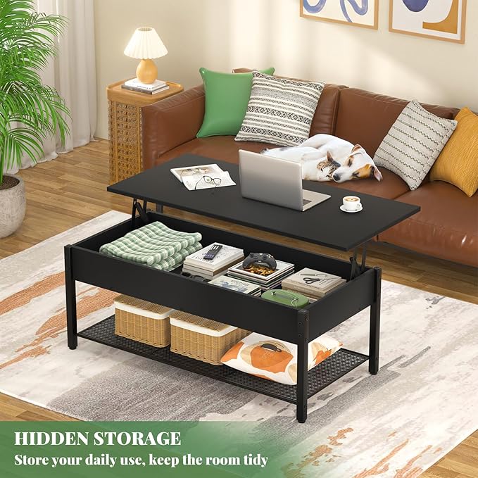 Homieasy 41.7" Lift Top Coffee Table for Living Room, Wood Center Table with Hidden Compartment and Storage Shelf, Modern Rising Tabletop Desk for Small Space, Black
