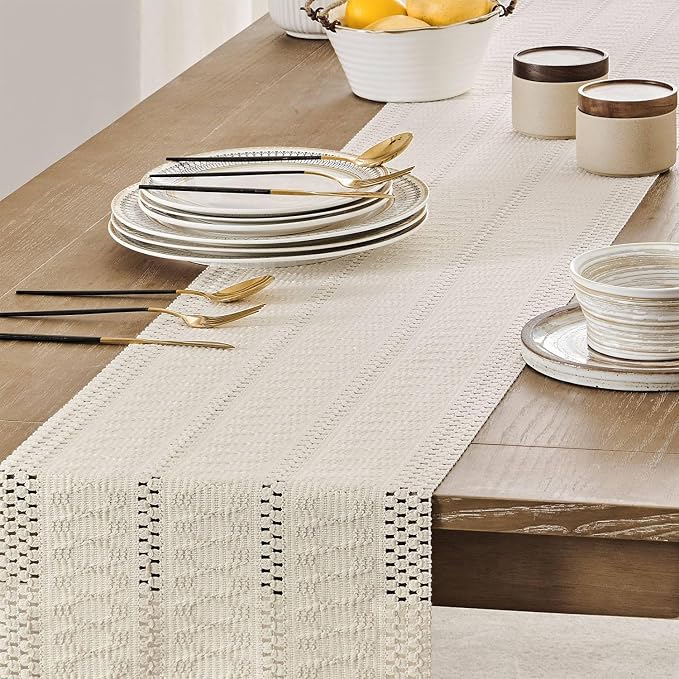 ZeeMart Macrame Style Boho Table Runner, Ivory Table Runners 108 Inches Long, Farmhouse Woven Home Decor, 12x108 Inch (12x116 Tassel Included), Ivory