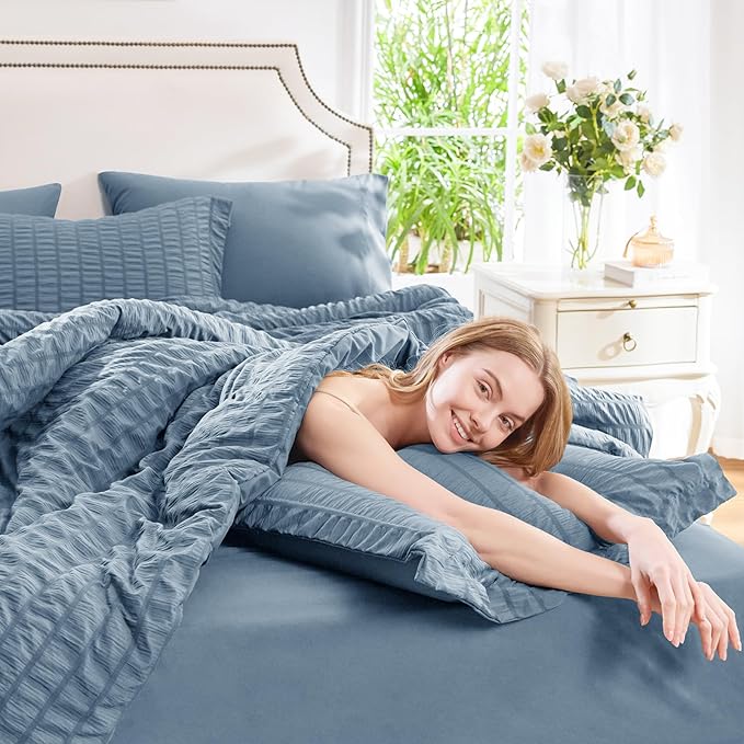 CozyLux Oversized Queen Comforter Set Grayish Blue Seersucker 7 Pieces 98x98 Bed in a Bag Comforter Set with Sheets, Dusty Blue Bedding Set with Down Alternative Comforter, Sheets, Pillowcases & Shams