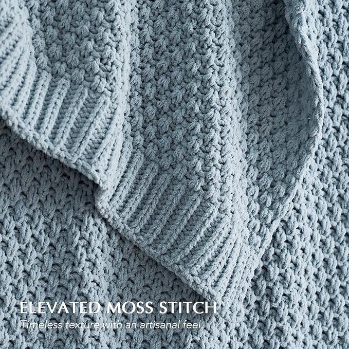 EVERGRACEHOME Chunky Polyester Knit Throw Blanket for Couch, Soft Luxurious Oversized King Moss Stitch Blanket for Bed, Large Cozy Farmhouse Knitted Throw for Sofa, Chambray Blue, 108" x 92"