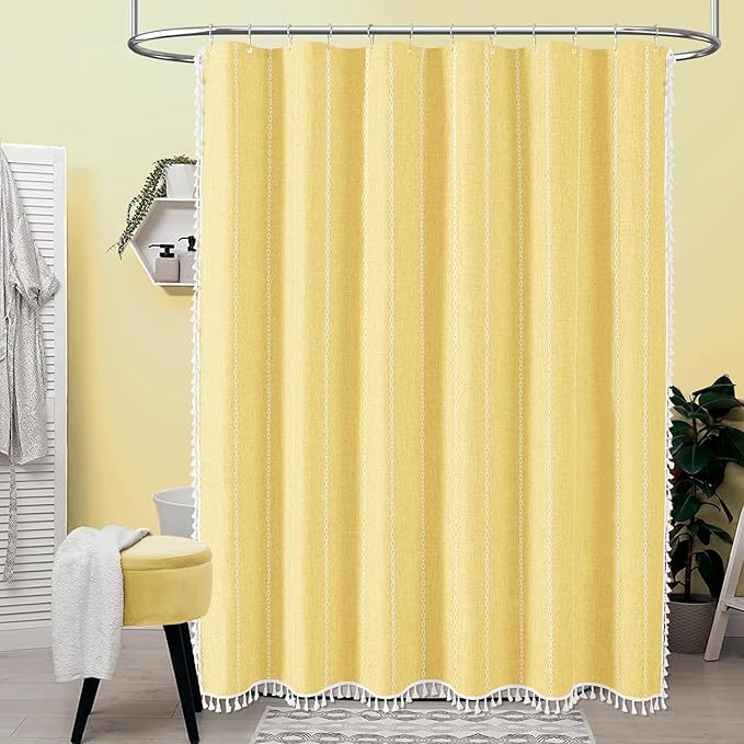 BTTN Boho Farmhouse Shower Curtain - Linen Rustic Heavy Duty Striped Fabric Shower Curtain Set, Bohemian Vintage Country Cloth Shower Curtains for Bathroom, Yellow, 60" W x 72" L (Pack of 1)
