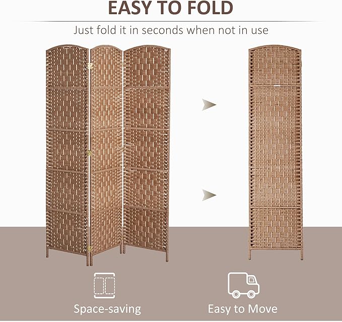HOMCOM Room Divider 3 Panel, 6FT Tall Folding Privacy Screen, Freestanding Hand-Woven Partition for Room Separation with 360° Hinges, Paper Rope Diamond Weave, Natural