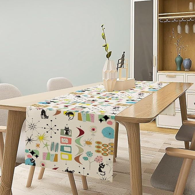 Mid Century Table Runner Modern Black Cat Colorful Geometric Atomic Star for Kitchen Dining Room Dining Table Decoration 13x60in