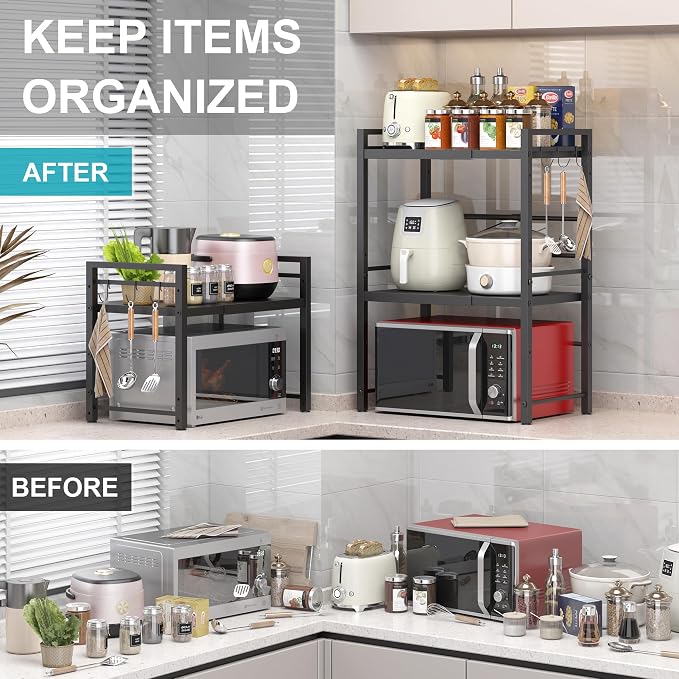 DOLALIKE Microwave Oven Rack, Expandable Microwave Stand Countertop Kitchen Utensils Tableware Storage, Carbon Steel Over Microwave Shelf Countertop with 3 Hooks