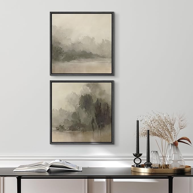SIGNFORD Framed Canvas Print Wall Art Set Mystic River Fog Waterfront Nature Illustrations Modern Art Minimal Relax/Calm for Living Room, Bedroom, Office - 16"x16"x2 Black
