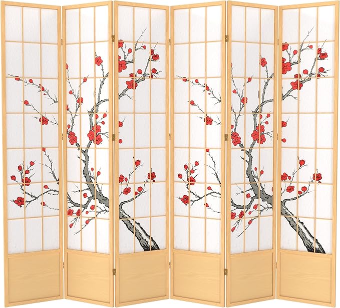 Oriental Furniture 7 ft. Tall Cherry Blossom Shoji Screen - Natural - 6 Panels