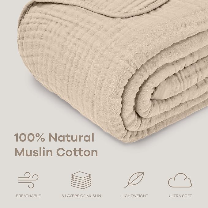 Comfy Cubs Muslin Blanket for Adults Twin 90" x 66" - 6 Layer Soft, Breathable & Lightweight Muslin Adult Blanket - Machine Washable & Designed in The US Bedding for All Seasons - Sand