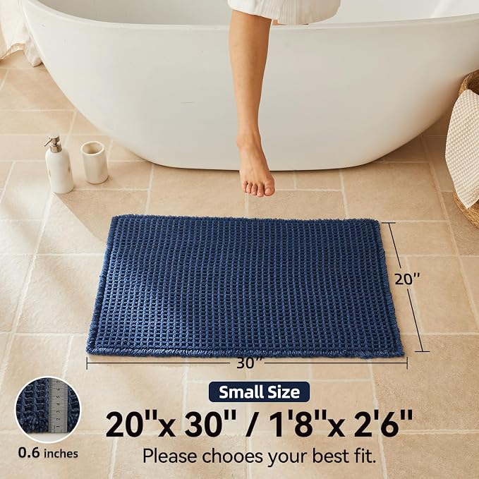 Triohero Waffle Bath Mat, Boho Bathroom Rugs Non Slip Washable, Ultra Soft Super Absorbent Quick Dry Farmhouse Bathroom Decor, 20" x 30", Navy Blue