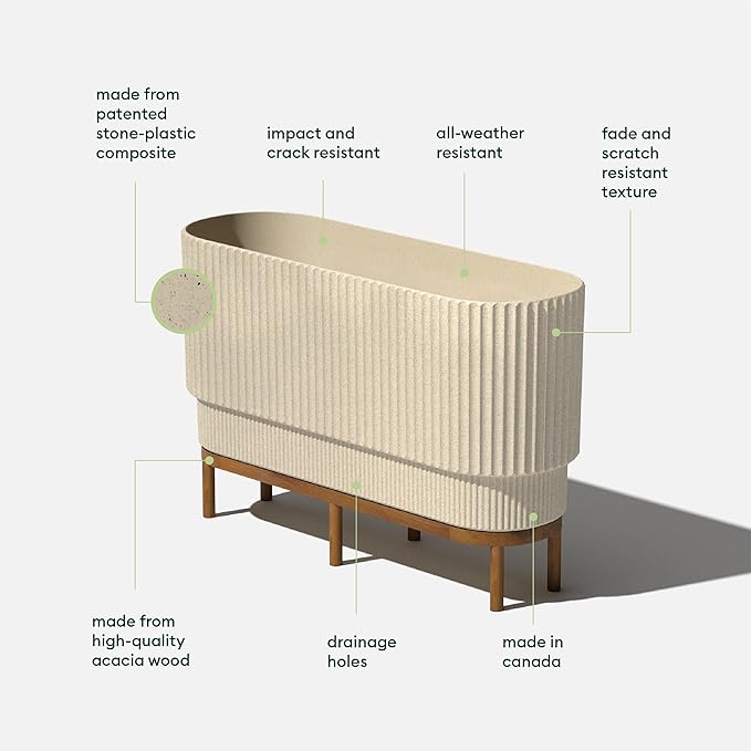 Veradek Demi Series Raised Long Planter for Indoor/Outdoor Use | Made from Plastic & Stone w/Wooden Stand | Modern Patio Décor for Flowers/Shrubs