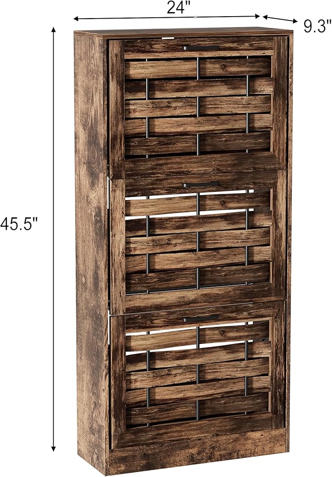 White Shoe Cabinet Storage with 6 Flip Drawers for Entryway, Slim Shoe Rack Cabinet with Woven Design Drawers, Narrow Shoe Organizer for Hallway, Apartment (Rustic Brown, 6 Drawers)