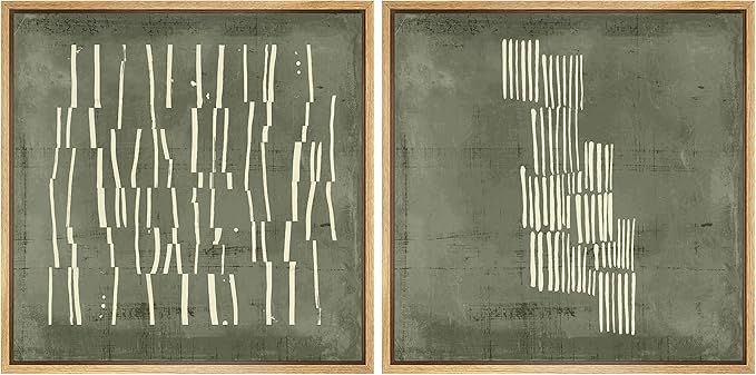 SIGNFORD Framed Canvas Print Wall Art Set Fragmented Lines in Green and White Illustrations Modern Art Minimal Relax/Calm for Living Room, Bedroom, Office - 24"x24"x2 Natural