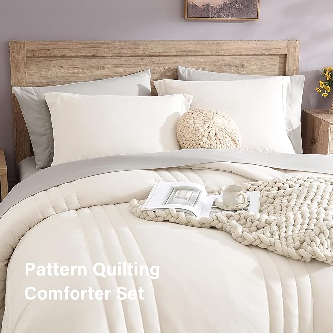 Monbix Queen Comforter Set - 7 Pieces Snow White Bed in a Bag Queen Bedding Sets with Comforters, All Seasons Comforter Bed Set with Sheets, Pillowcases & Shams