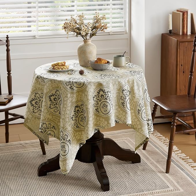 Retro Brown Printed Square Tablecloth: Floral Linen Farmhouse Table Cloth - Chocolate Damask Pattern on Burlap Textured Fabric Outdoor Table Cover for Kitchen,Dining,Party,Picnic Decor, 55x55 Inch