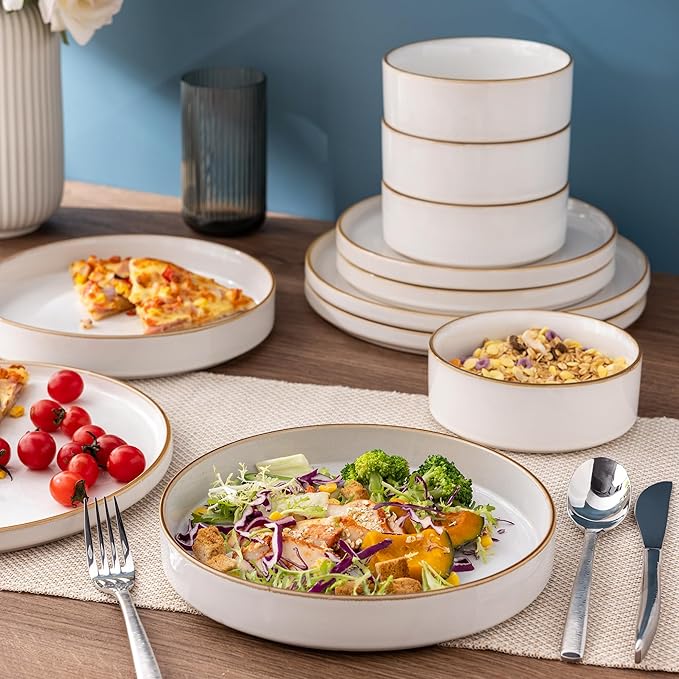 GBHOME Ceramic Dinnerware Sets for 4, 12 Pieces Stoneware Plates and Bowls Sets, Reactive Glaze Dishes -Scratch Resistant, Dishwasher&Microwave Safe-Pearl White