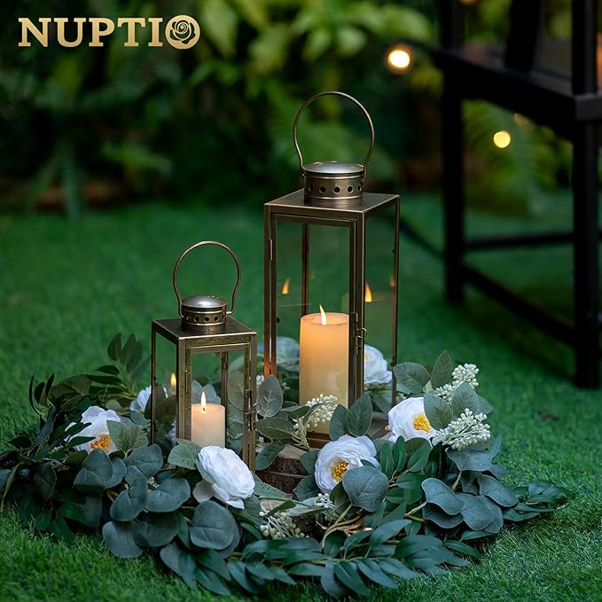 NUPTIO Vintage Lanterns Decorative Outdoor: 9.5 13.8 inches Tall Set of 2 Rustic Metal Lantern Decor with Glass - Distressed Gold Candle Holder for Wedding Christmas Mantel Living Room Patio