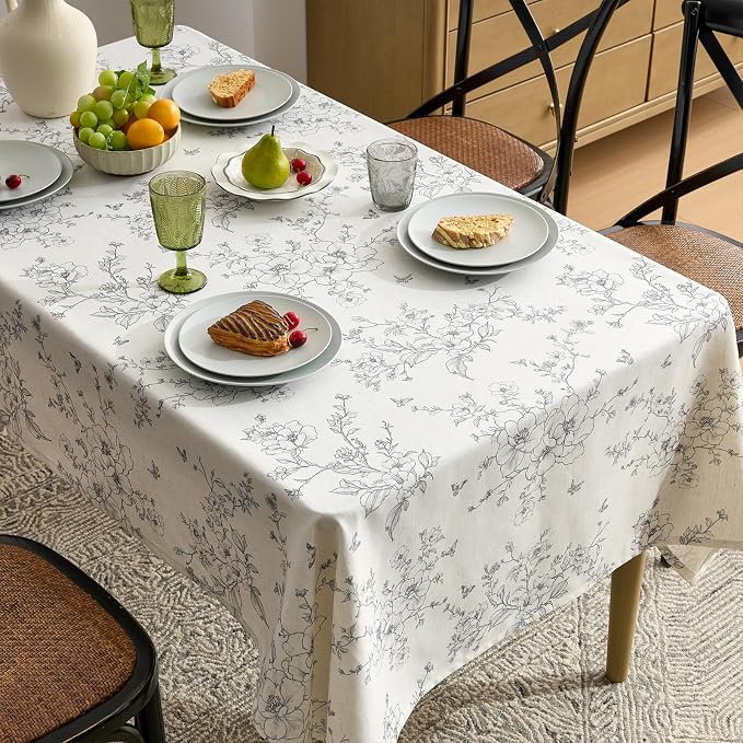 Linen Floral Rectangle Tablecloth Farmhouse Vintage French Rustic Tablecloths Gray Flowers Pattern Burlap Textured Outdoor Table Cover for Picnic,Dining,Party,Home Decor 55x120 Inch