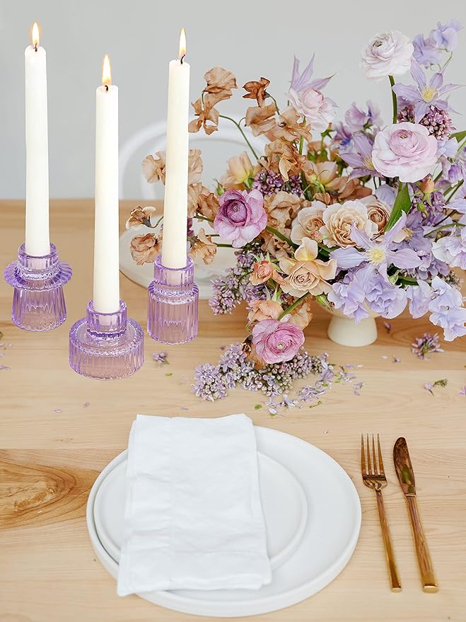 Vixdonos Glass Candlestick Holders Tealight Candle Holders for Table Centerpieces, Wedding Decor and Dinner Party (3 Pcs, Purple)