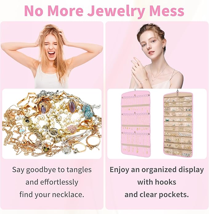 Hanging Jewelry Organizer for Closet, Double-Sided Jewelry Storage for Earrings, Necklaces, Rings on Wall/Door, Earring Holder Organizer Wall with Hooks, Includes 10 Sealed Bags, Water- & Dustproof