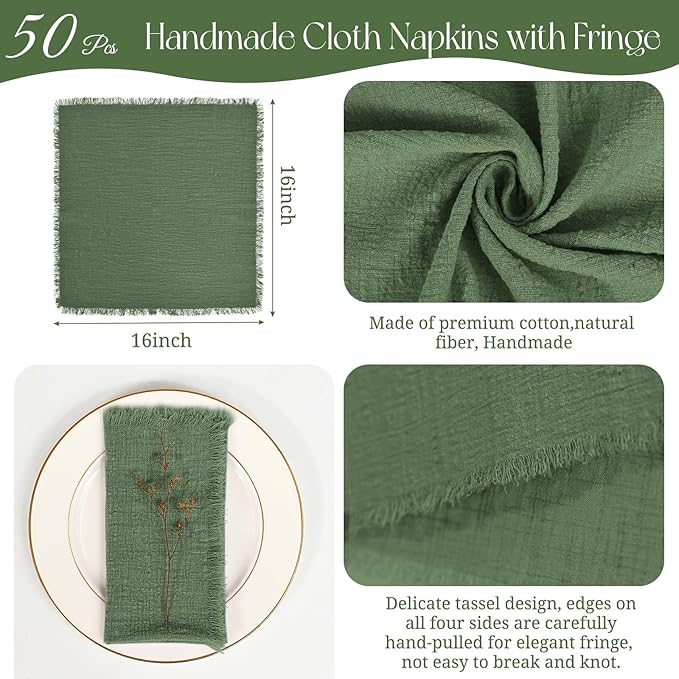50 Pack Olive Green Napkins Cotton Linen Napkins Bulk 16 x 16 Inch Green Cloth Napkin with Fringe Rustic Handmade Washable Dinner Napkin Cloth for Wedding Party Bridal Shower