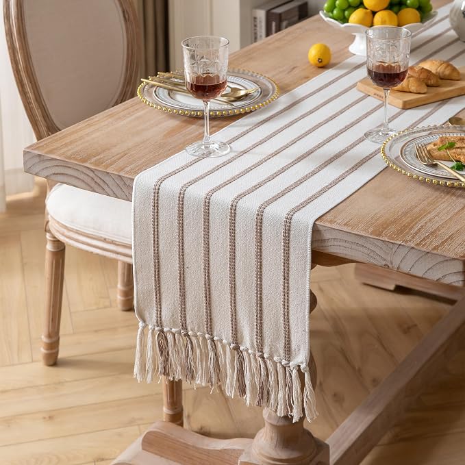 Caflife Boho Table Runner 72 Inchs Long Taupe and Beige, Cotton and Linen Woven with Tassels, for Modern Rustic Farmhouse Neutral Table Runners, Bohemian Kitchen Dining Table Home Decor