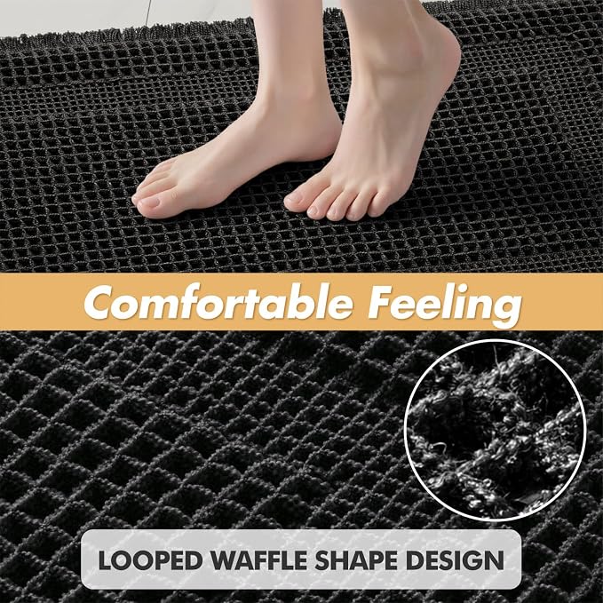 MIULEE Set of 2 Waffle Bathroom Rugs, Boho Bath Rug Super Absorbent, Non Slip Washable Ultra Soft Rubber Backed Shower Bath Mats for Floor, Tub, Shower, Looped Design, Black, 17x24 Inch
