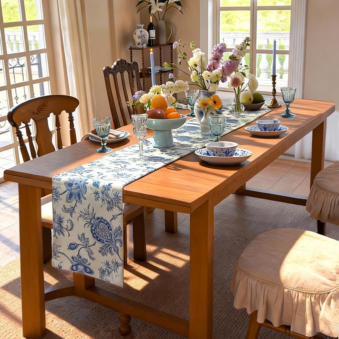 Blue Table Runner Cotton Polyester, Waterproof Seasonal Spring Summer Floral Retro Vintage Table Decoration for Kitchen Dining Home Party Decor 12x72 Inch