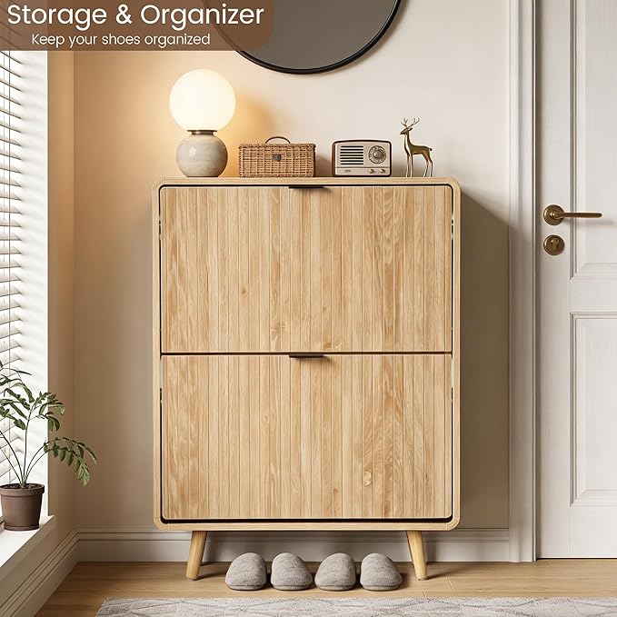 FurSch Fluted Shoe Storage Cabinet with 2 Flip Drawers, Narrow Shoe Rack Cabinet Organizer with Adjustable & Removable Shelves for Entryway (All Natural, 2 Drawers)