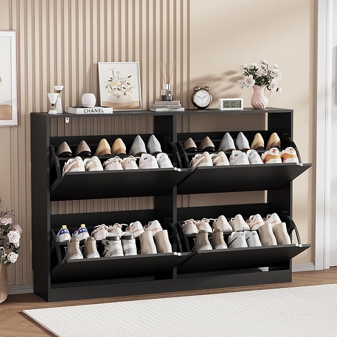 Shoe Storage Cabinet, Wood Shoe Organizer for Entryway with 4 Flip Drawers, Freestanding Shoe Rack with Adjustable Shelf, Narrow Shoe Dresser for Front Door Entrance(Black, 47.24" x 32.28" x 9.44")
