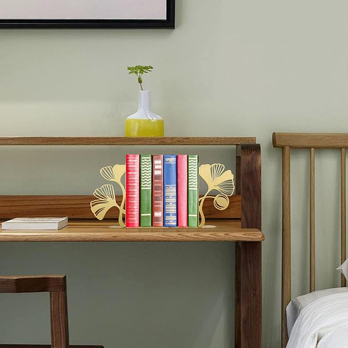 Gold Bookends – Unique Decorative Book Ends with Ginkgo Leaf Design, Cute Bookends for Shelves, Desks, or Libraries for Book Lovers