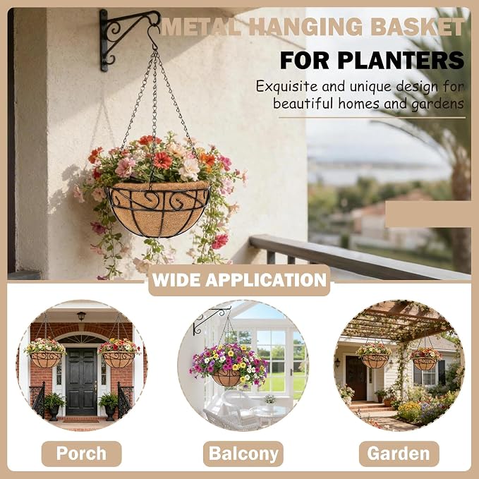 Metal Hanging Planters Basket Set of 2 Outdoor with Coco Fiber Liners Chain Hanging Basket Suitable for Vegetables Flower Heavy Duty Round Plant Holder Garden Balcony Patio Deck Porch Decor