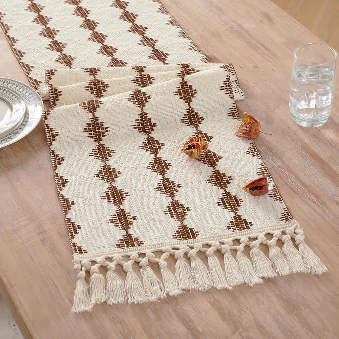 Fancy Homi Rust Boho Cotton Polyester Table Runner 48 Inches Long, Farmhouse Macrame Table Runners with Tassels for Home Party Bohemian Rustic Bridal Shower Kitchen Dining Decor 12x48 Inches