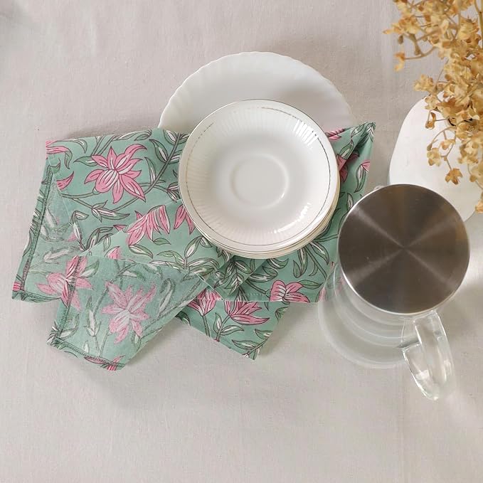 Floral Cloth Napkins Set of 12, 100% Cotton Reusable Dinner Napkins, Block Print Inspired, 18 x 18 Inch Table & Kitchen Napkins for Everyday Dining & Entertaining, Soft Green Floral